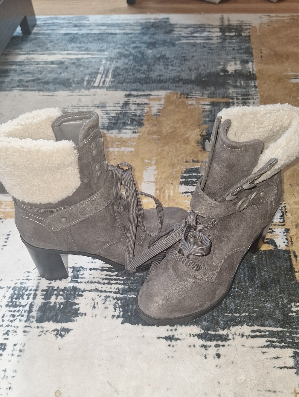 Calvin Klein Gray Suede Lace-Up Heeled Boots with Cream Shearling Trim